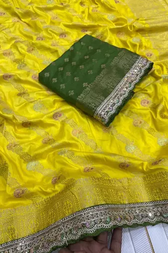 Yellow Color Designer Dola SIlk Blnd Zari Weaving Saree