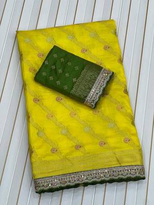 Yellow Color Designer Dola SIlk Blnd Zari Weaving Saree 4