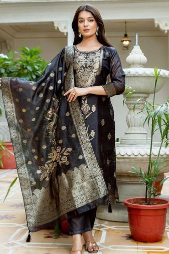 Women's Beautiful Printed Work Chanderi Fabric Straight Kurta Pant and Dupatta Set