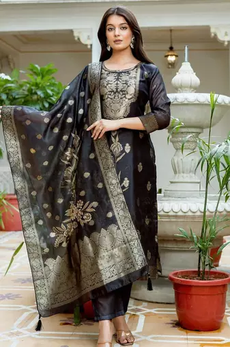 Women's Beautiful Printed Work Chanderi Fabric Straight Kurta Pant and Dupatta Set