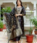 Women's Beautiful Printed Work Chanderi Fabric Straight Kurta Pant and Dupatta Set