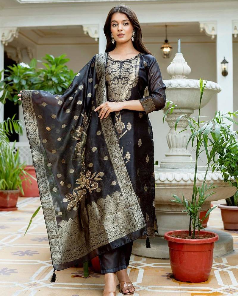 Women's Beautiful Printed Work Chanderi Fabric Straight Kurta Pant and Dupatta Set