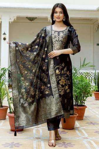 Women's Beautiful Printed Work Chanderi Fabric Straight Kurta Pant and Dupatta Set