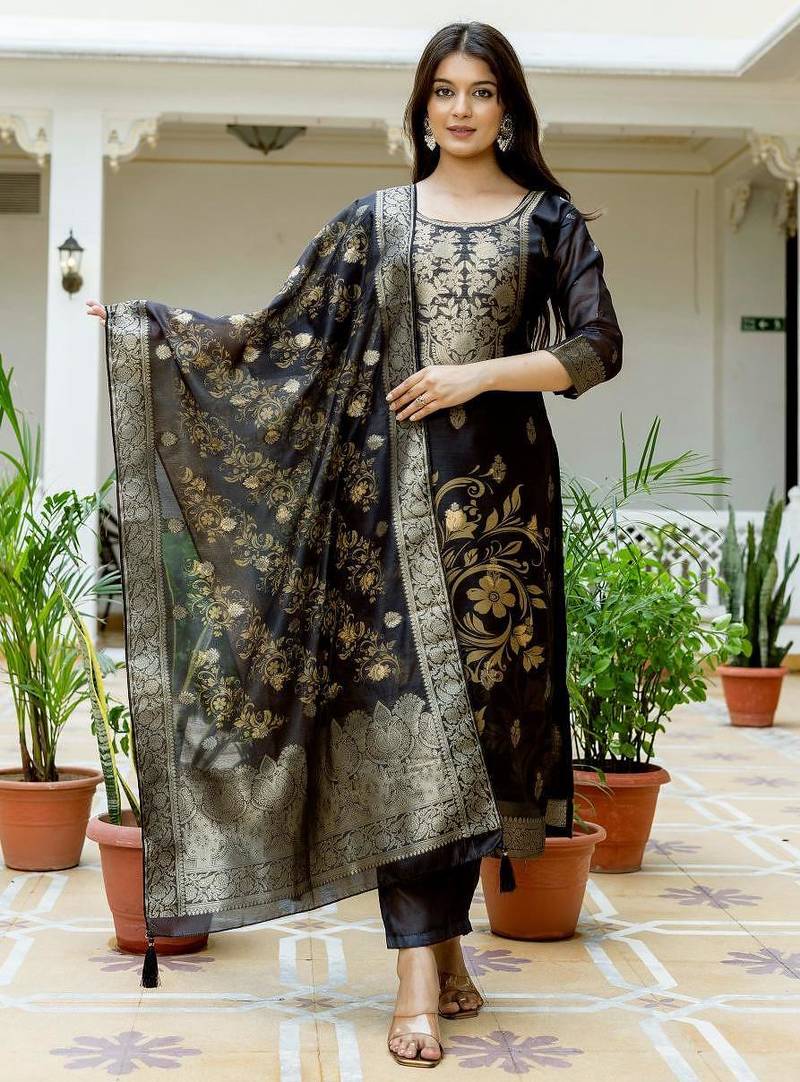 Women's Beautiful Printed Work Chanderi Fabric Straight Kurta Pant and Dupatta Set