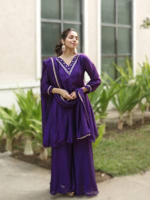 purple elegant purple & mud kurta palazzo set with embroidered neckline & dupatta 1