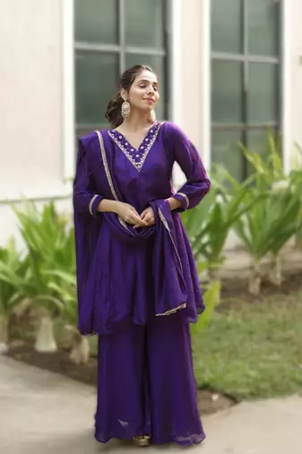 purple elegant purple & mustard kurta palazzo set with embroidered neckline & dupatta