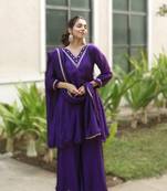 purple elegant purple & mustard kurta palazzo set with embroidered neckline & dupatta