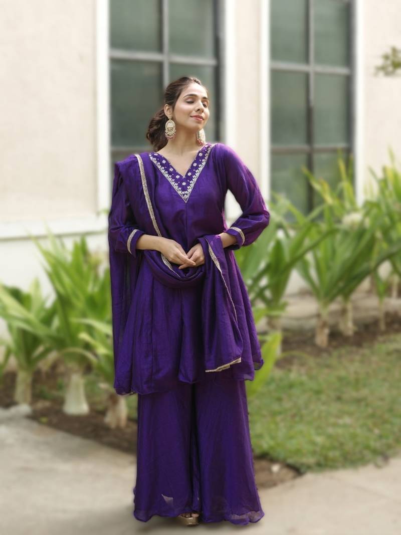 purple elegant purple & mustard kurta palazzo set with embroidered neckline & dupatta