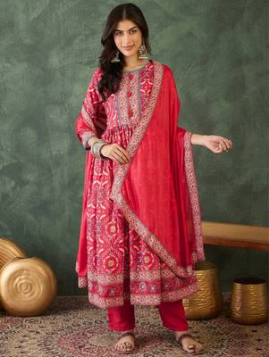 Women's Beautiful Printed Work Rayon Fabric Flared Kurta Pant and Dupatta Set 1