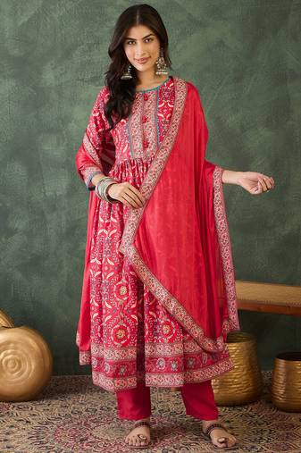 Women's Beautiful Printed Work Rayon Fabric Flared Kurta Pant and Dupatta Set