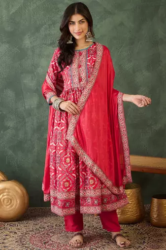 Women's Beautiful Printed Work Rayon Fabric Flared Kurta Pant and Dupatta Set