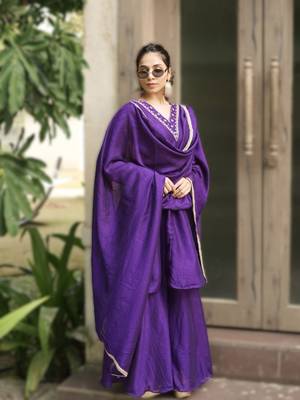 purple elegant purple & mud kurta palazzo set with embroidered neckline & dupatta 2