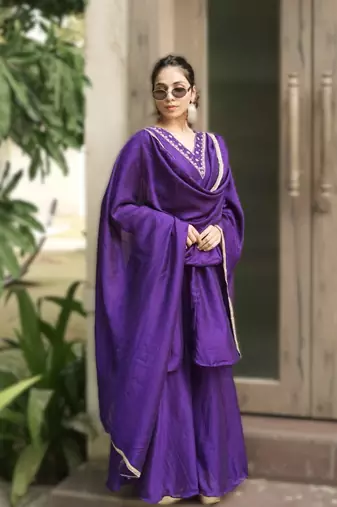 purple elegant purple & mud kurta palazzo set with embroidered neckline & dupatta
