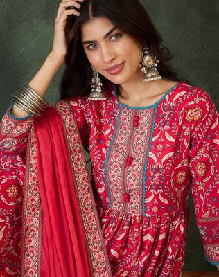 Women's Beautiful Printed Work Rayon Fabric Flared Kurta Pant and Dupatta Set 2