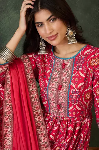 Women's Beautiful Printed Work Rayon Fabric Flared Kurta Pant and Dupatta Set