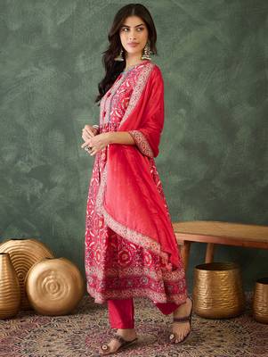 Women's Beautiful Printed Work Rayon Fabric Flared Kurta Pant and Dupatta Set 3