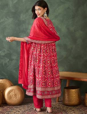 Women's Beautiful Printed Work Rayon Fabric Flared Kurta Pant and Dupatta Set 4