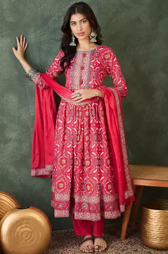 Women's Beautiful Printed Work Rayon Fabric Flared Kurta Pant and Dupatta Set