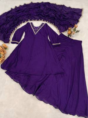 purple elegant purple & mud kurta palazzo set with embroidered neckline & dupatta 3