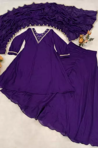 purple elegant purple & mud kurta palazzo set with embroidered neckline & dupatta