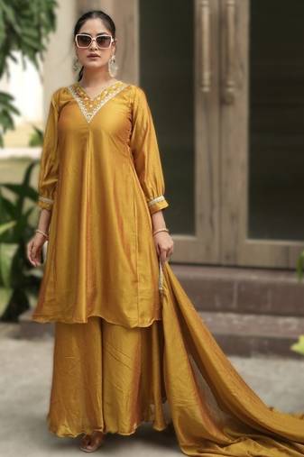 mustard elegant purple & mustard kurta palazzo set with embroidered neckline & dupatta