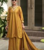 mustard elegant purple & mustard kurta palazzo set with embroidered neckline & dupatta