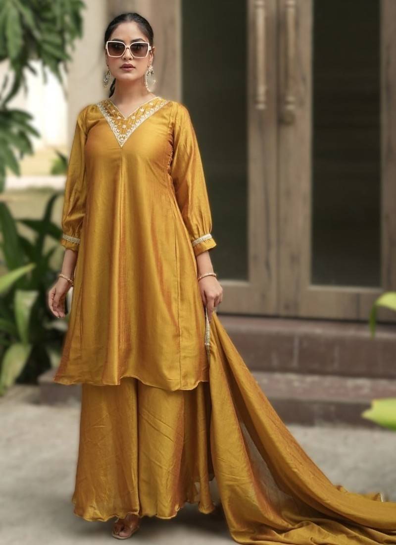 mustard elegant purple & mustard kurta palazzo set with embroidered neckline & dupatta
