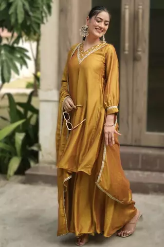 mud elegant purple & mud kurta palazzo set with embroidered neckline & dupatta