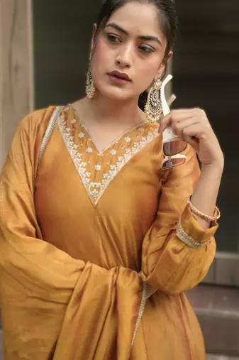 mud elegant purple & mud kurta palazzo set with embroidered neckline & dupatta