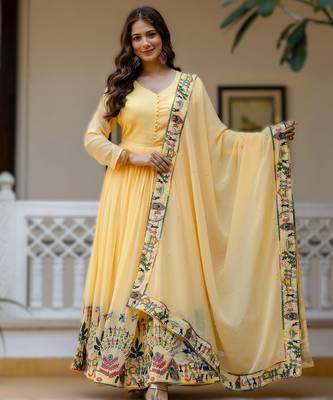 yellow faux georgette embroidered gown with dupatta heavy work 1