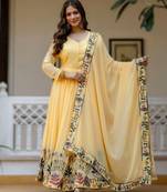 yellow faux georgette embroidered gown with dupatta heavy work