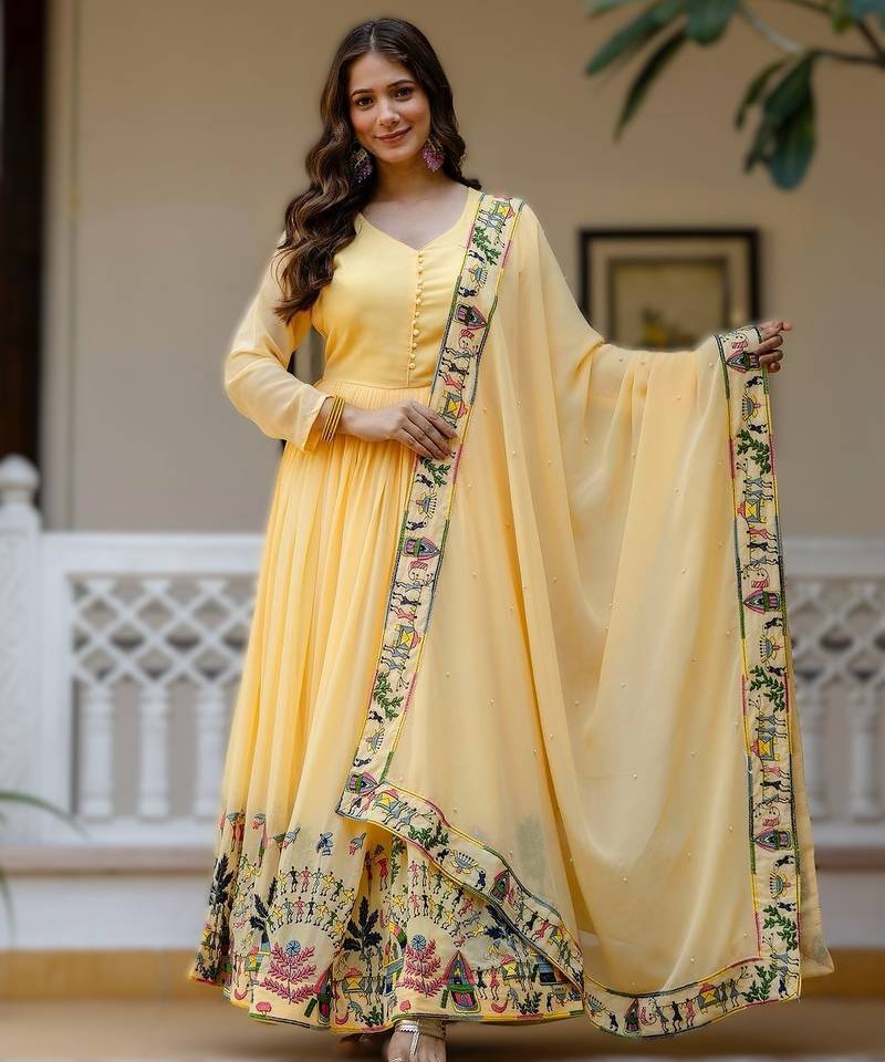 yellow faux georgette embroidered gown with dupatta heavy work