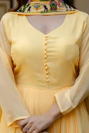 yellow faux georgette embroidered gown with dupatta heavy work