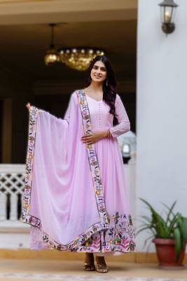 lavender faux georgette embroidered gown with dupatta heavy work 1