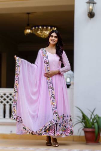 lavender faux georgette embroidered gown with dupatta heavy work