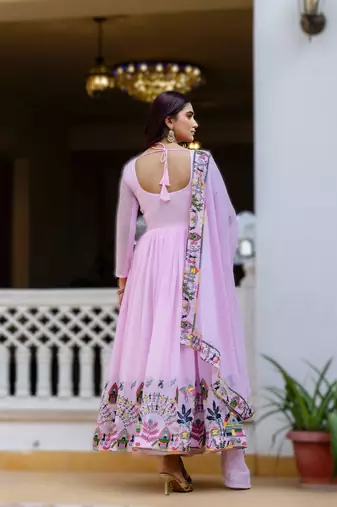 lavender faux georgette embroidered gown with dupatta heavy work