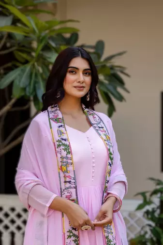 lavender faux georgette embroidered gown with dupatta heavy work