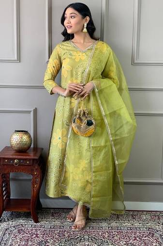 Women's Beautiful Printed Work Rayon Fabric Straight Kurta Pant and Dupatta Set