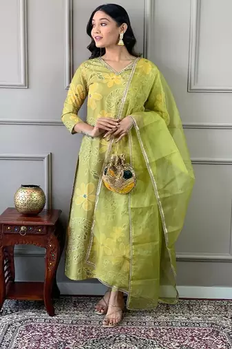 Women's Beautiful Printed Work Rayon Fabric Straight Kurta Pant and Dupatta Set