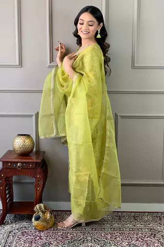 Women's Beautiful Printed Work Rayon Fabric Straight Kurta Pant and Dupatta Set