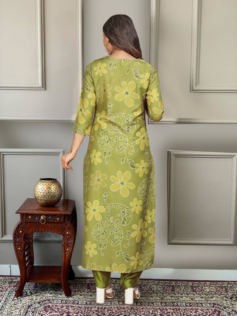 Women's Beautiful Printed Work Rayon Fabric Straight Kurta Pant and Dupatta Set