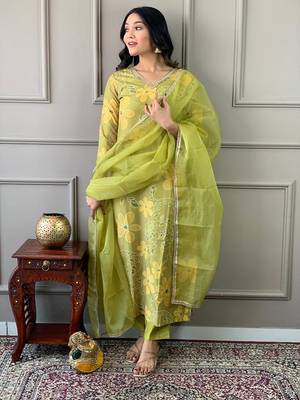 Women's Beautiful Printed Work Rayon Fabric Straight Kurta Pant and Dupatta Set 5
