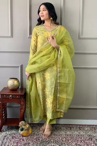 Women's Beautiful Printed Work Rayon Fabric Straight Kurta Pant and Dupatta Set
