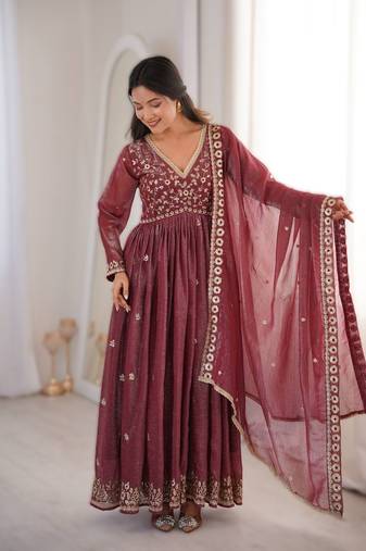 Maroon embroidered gown with pant & dupatta