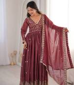 Maroon embroidered gown with pant & dupatta