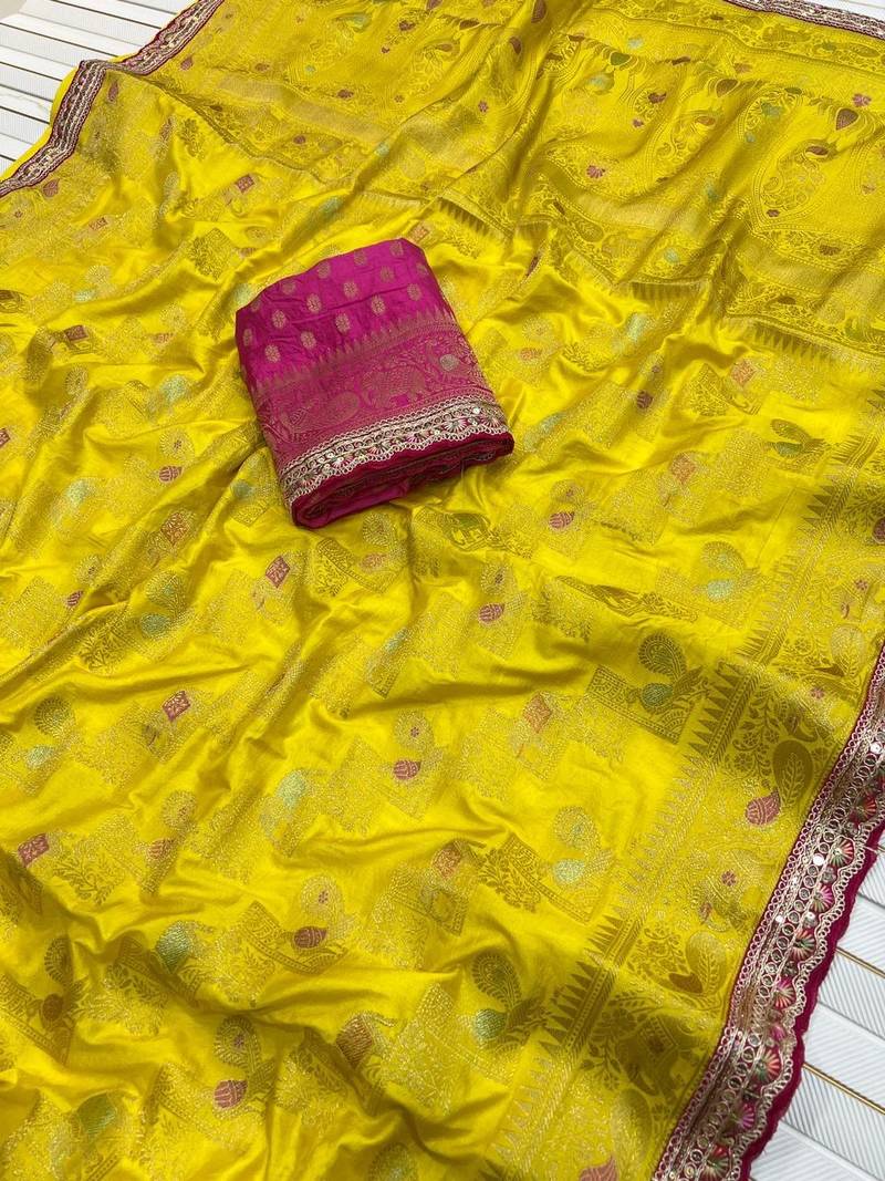 Yellow Color Premium Designer Dola SIlk Blnd Saree