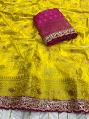 Yellow Color Premium Designer Dola SIlk Blnd Saree 2
