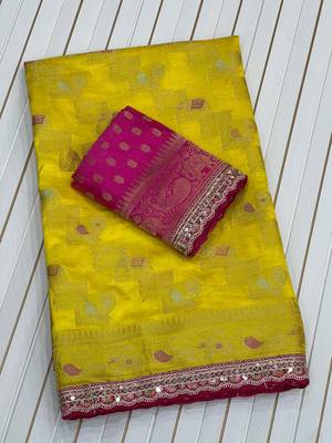 Yellow Color Premium Designer Dola SIlk Blnd Saree 3