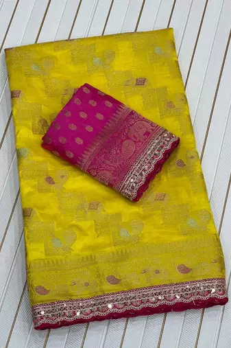 Yellow Color Premium Designer Dola SIlk Blnd Saree