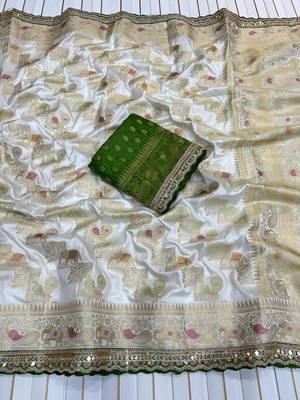White Color Premium Designer Dola SIlk Blnd Saree 1